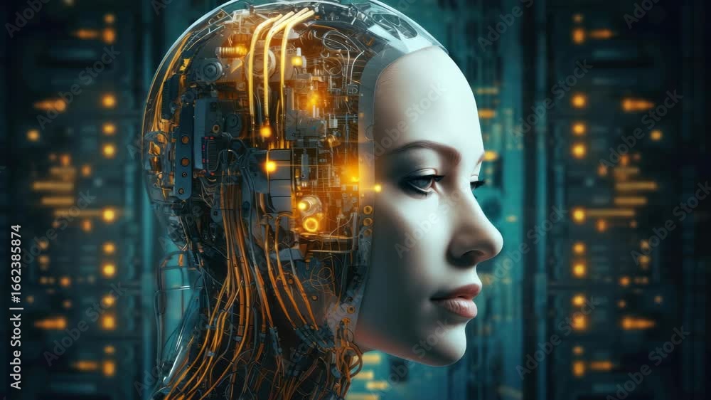 Poster futuristic side profile of a humanoid robot with glowing circuits, captured at eye level. ideal for 