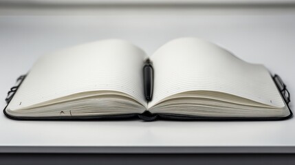 A blank, open notebook with dark gray cover rests on a white surface, showcasing pristine, unlined pages and a pen nestled between them.  Subtle shadows enhance the clean aesthetic