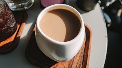 A top-down close-up of a creamy light-brown beverage in a small, white, rounded cup resting on a dark-wood coaster atop a light-grey table, illuminated by sunlight