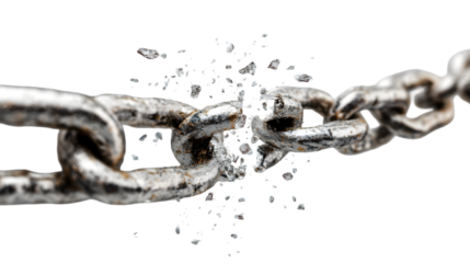 Close up of a broken metal chain with shattered links against a black background in a studio shot