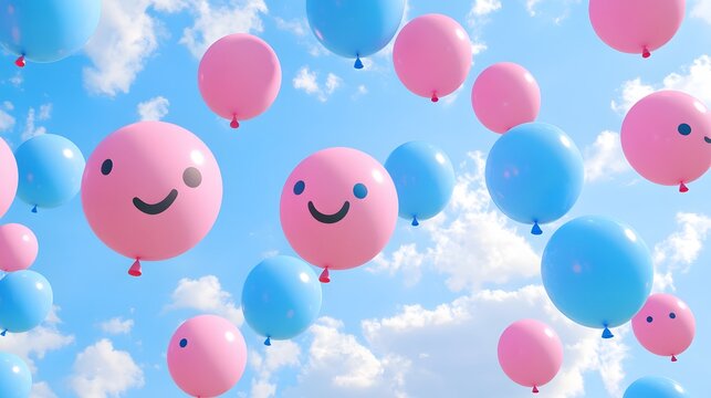 Happy Pink and Blue Balloons Floating in Sky