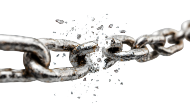 Close up of a broken metal chain with shattered links against a black background in a studio shot