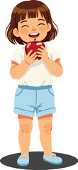Fototapeta premium Little girl holding red apple smiling happily in casual summer outfit vector illustration