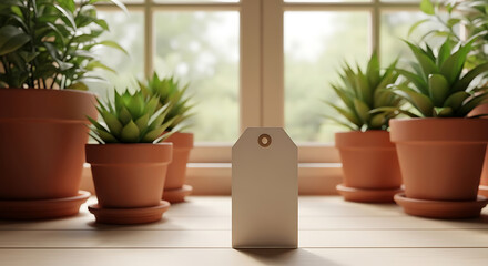 Fototapeta premium Minimalist plant display with a blank tag on a sunlit window sill indoor space