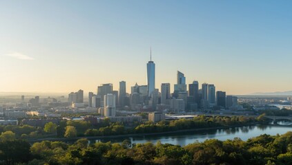 Fototapeta premium Aerial view of a city skyline with skyscrapers and a river surrounded by lush green trees at sunrise
