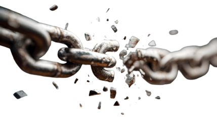 A broken metal chain with links shattering against a dark background in a close up shot