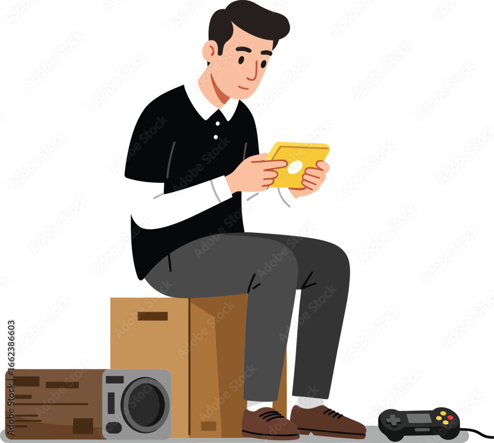 Poster man sitting playing handheld video game console with gamepad and stereo speaker vector illustration