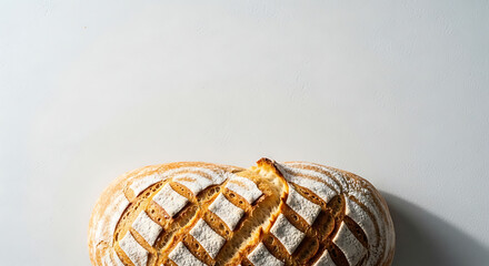 Artisan sourdough bread with a detailed crosshatch pattern on its crust.