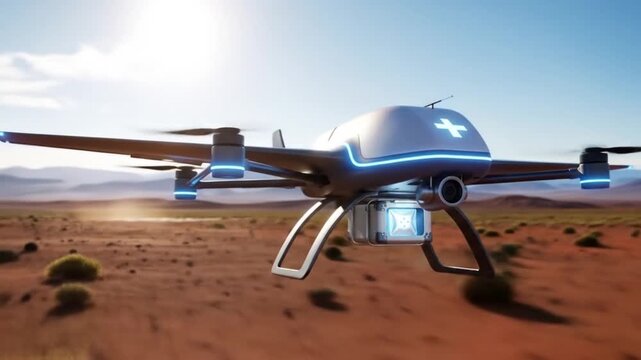 Futuristic medical drone delivering supplies across a desert landscape, showcasing advanced technology and remote healthcare solutions.