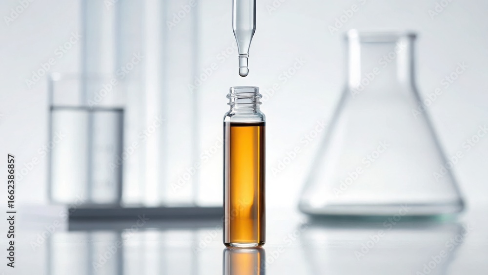 Poster macro view of pipette dropping liquid in laboratory setting