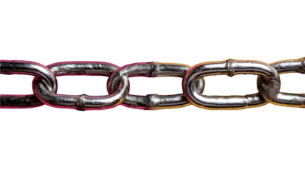 A close up view of a metal chain with several links against a black background in a horizontal line