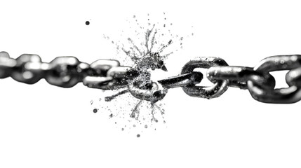 A broken metal chain with shattered links against a black background showing freedom and strength concept