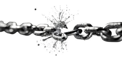 A broken metal chain with shattered links against a black background showing freedom and strength concept