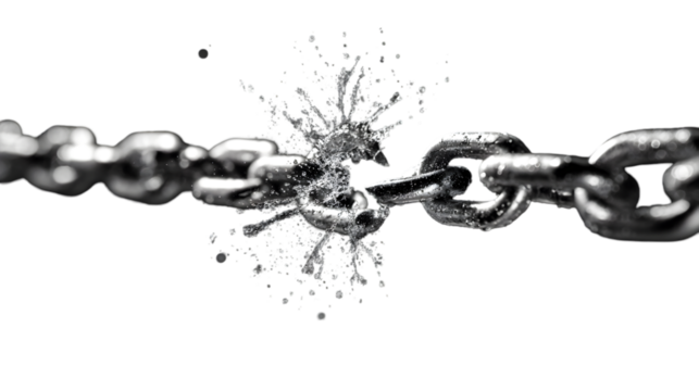 A broken metal chain with shattered links against a black background showing freedom and strength concept