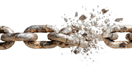 A broken silver chain with shattered links against a black background in a horizontal image