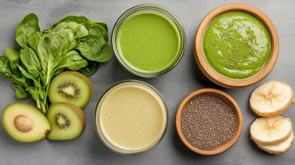 Obraz premium Fresh smoothie ingredients arranged beautifully, featuring green smoothies, fruits, and seeds