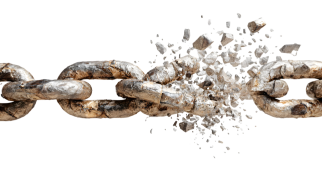 A broken silver chain with shattered links against a black background in a horizontal image - Powered by Adobe
