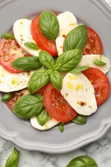 Tasty salad Caprese with mozzarella, tomatoes, basil and spices on white marble table, top view