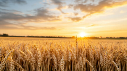 Obraz premium Golden wheat fields basking in warm sunlight during sunset create serene atmosphere