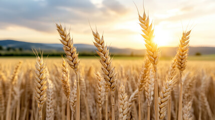 Fototapeta premium Golden wheat fields glowing under sunset, creating serene atmosphere