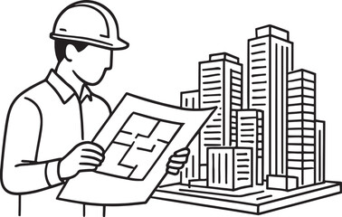 Architect holding blueprint paper in front of building model miniature