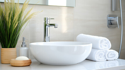 Fototapeta premium Modern bathroom scene featuring white ceramic sink with sleek silver faucet, surrounded by
