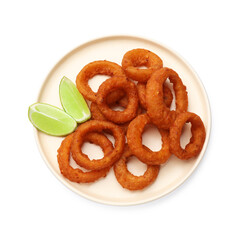 Fried squid rings and lime isolated on white, top view