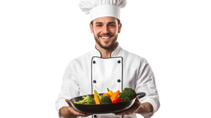 A smiling chef in uniform presents a pan filled with fresh colorful vegetables for a healthy meal