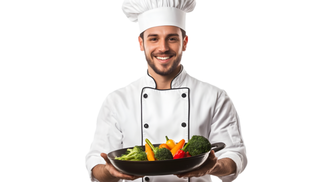 A smiling chef in uniform presents a pan filled with fresh colorful vegetables for a healthy meal