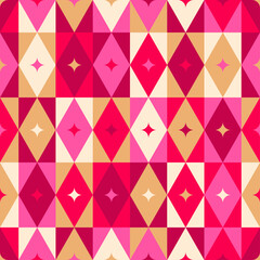 Pink, red and gold rhombus with star seamless pattern design for christmas and new year background.