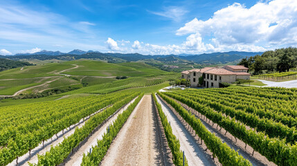 Fototapeta premium Lush vineyard landscape with rolling hills and rustic home under bright blue sky