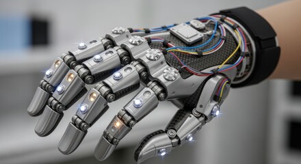 Advanced Robotic Hand with Intricate Circuitry and LED Lights Display