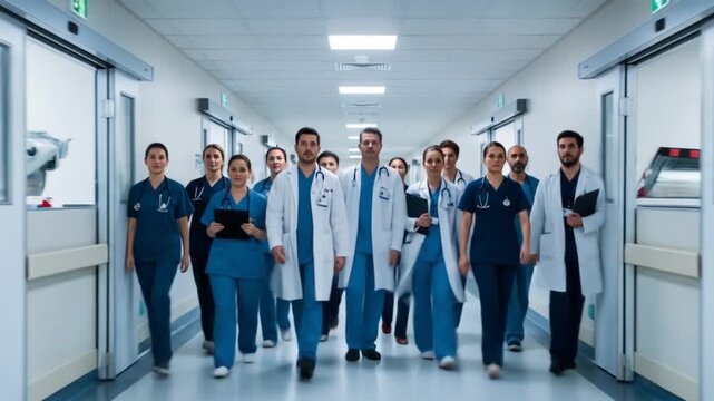 Medical Team Striding Confidently Down a Modern Hospital Hallway in a Display of Unity and Purpose