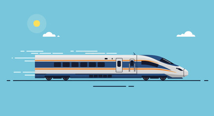 A sleek high-speed train speeding across a landscape under a sunny sky.