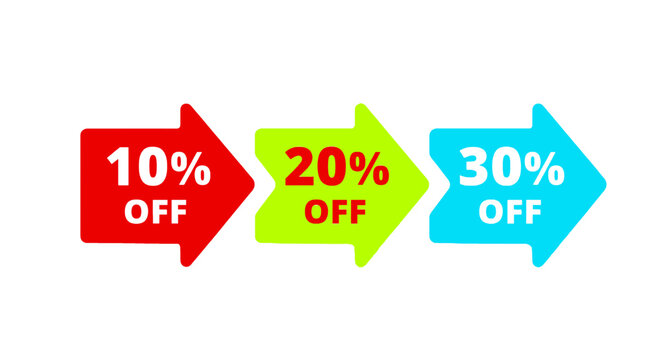 Promotional sale with 10, 20, and 30% off savings, dynamic arrow design points to great discounts, limited time offer, shop now