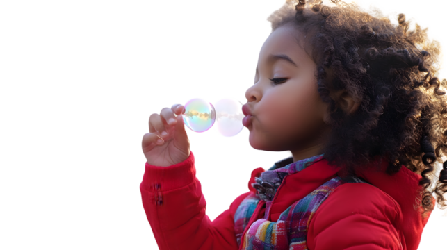 A young girl with curly hair blowing bubbles outside on a sunny day wearing a red jacket and colorful scarf - Powered by Adobe