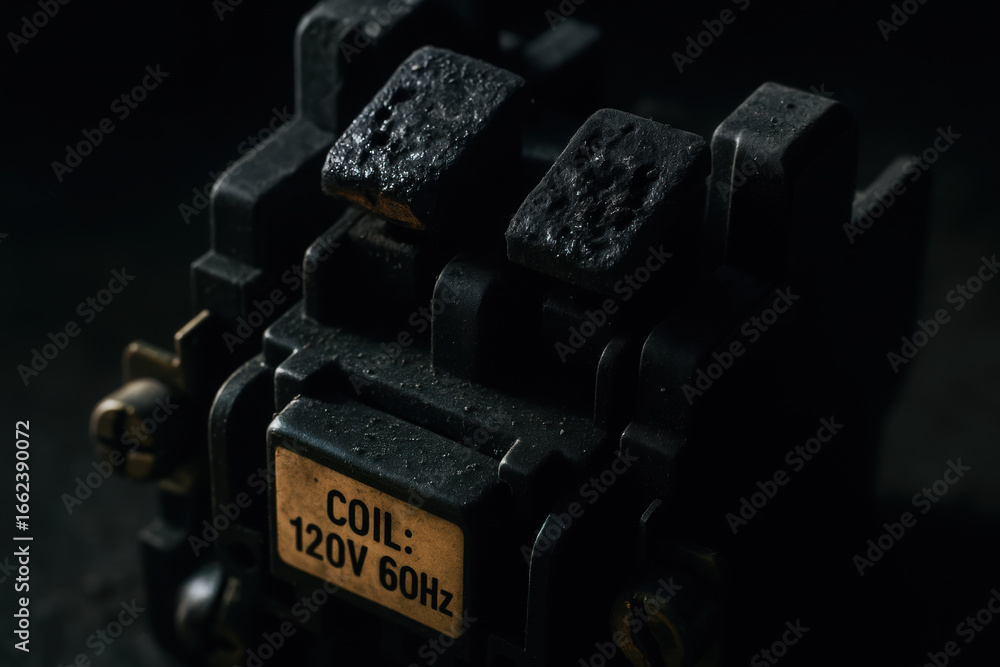 Poster electrical coil component in dark setting with power outage risk warning and aged texture on surface