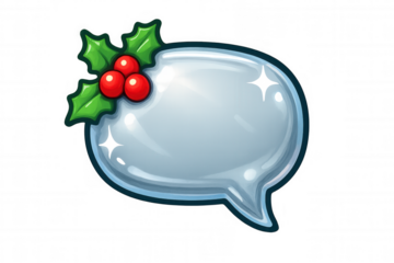 Festive speech bubble with glossy cartoon style, featuring holly leaves and berries on transparent background for holiday messaging
