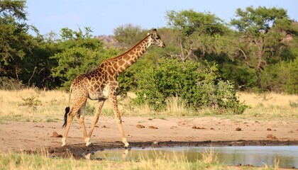 Obraz premium Giraffe by a watering hole in an African savanna.