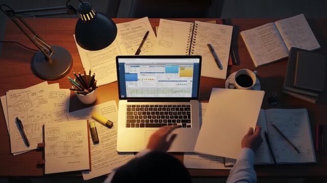 Overworked student studying late at night with laptop, notes, and coffee on a messy desk