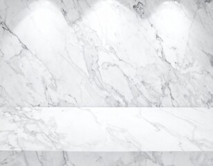 Obraz premium Luxurious white marble texture background with an empty display shelf and spotlights, creating a clean, elegant podium for product presentation