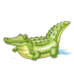A charming green cartoon crocodile with a friendly gaze rests calmly, depicted in a delightful watercolor illustration.