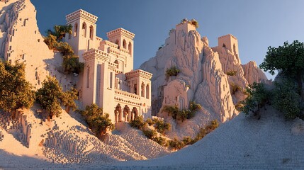 A sunlit, sandy desert landscape features a large, ornate, light-colored building nestled into rocky cliffs, surrounded by sparse vegetation