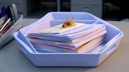 A light-blue hexagonal tray holds a stack of papers and envelopes, adorned with a decorative wire ornament.  A pen holder sits nearby on a grey desk