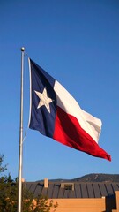 Texas flag waving in a clear blue sky