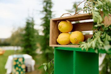 Bright lemons stacked in rustic wooden crate with greenery outdoor
