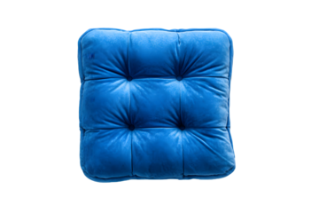 A vibrant blue cushion with tufted upholstery.