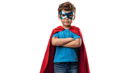 A young boy in a blue shirt and jeans wearing a red cape and a blue mask with his arms crossed