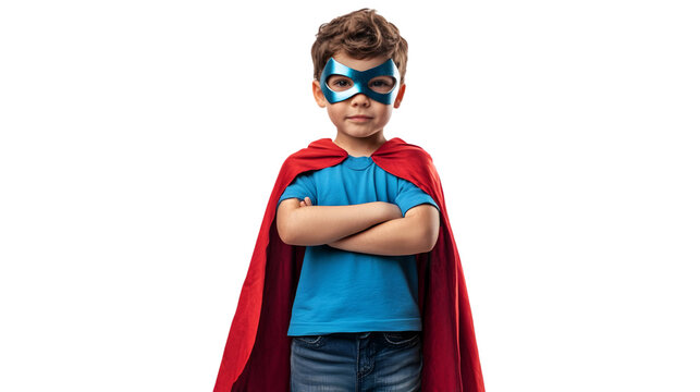 A young boy in a blue shirt and jeans wearing a red cape and a blue mask with his arms crossed - Powered by Adobe