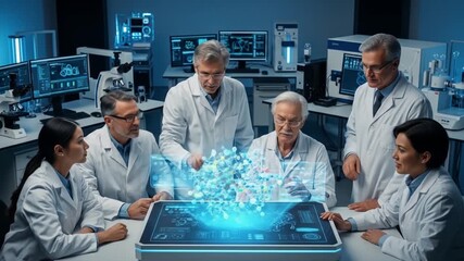 Scientists collaborate on molecular structure analysis using holographic technology in a modern laboratory setting - Powered by Adobe